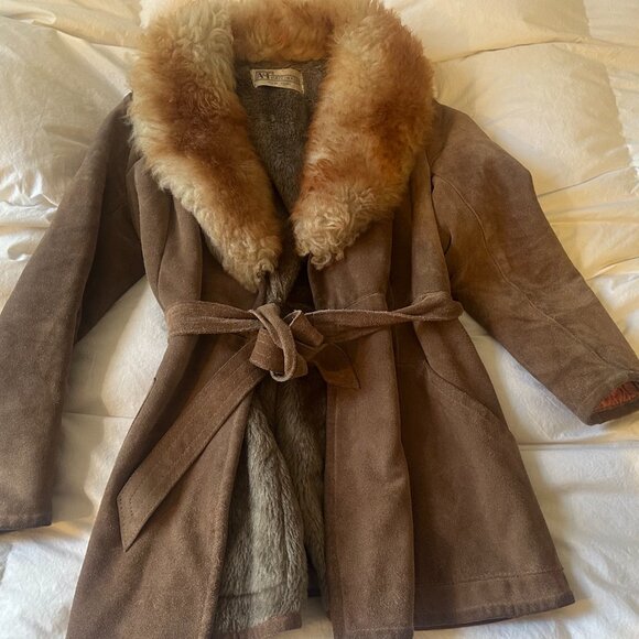 vintage tan suede wrap coat with fu collar size 6 - Picture 2 of 4